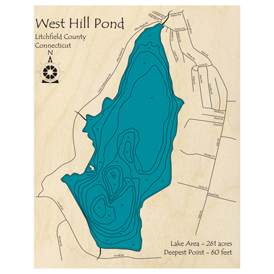 Bathymetric topo map of West Hill Pond, CT with roads, towns and depths noted in blue water.