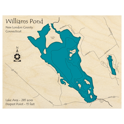 Bathymetric topo map of Williams Pond, CT with roads, towns and depths noted in blue water.