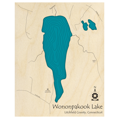 Bathymetric topo map of Wononpakook Lake, CT with roads, towns and depths noted in blue water.
