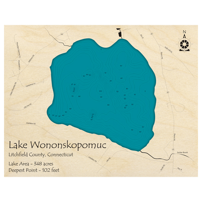 Bathymetric topo map of Lake Wononskopomuc, CT with roads, towns and depths noted in blue water.