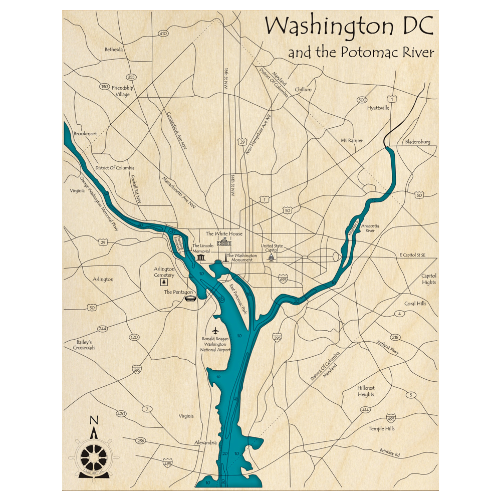 Bathymetric topo map of Washington DC and the Potomac River, DC with roads, towns and depths noted in blue water.