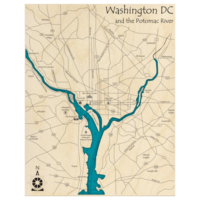 Bathymetric topo map of Washington DC and the Potomac River, DC with roads, towns and depths noted in blue water.