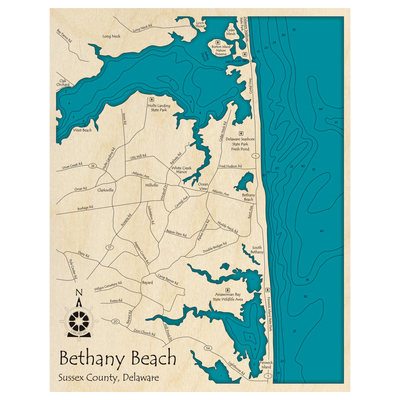 Bathymetric topo map of Bethany Beach, DE with roads, towns and depths noted in blue water.