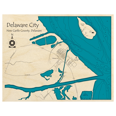 Bathymetric topo map of Delaware City, DE with roads, towns and depths noted in blue water.