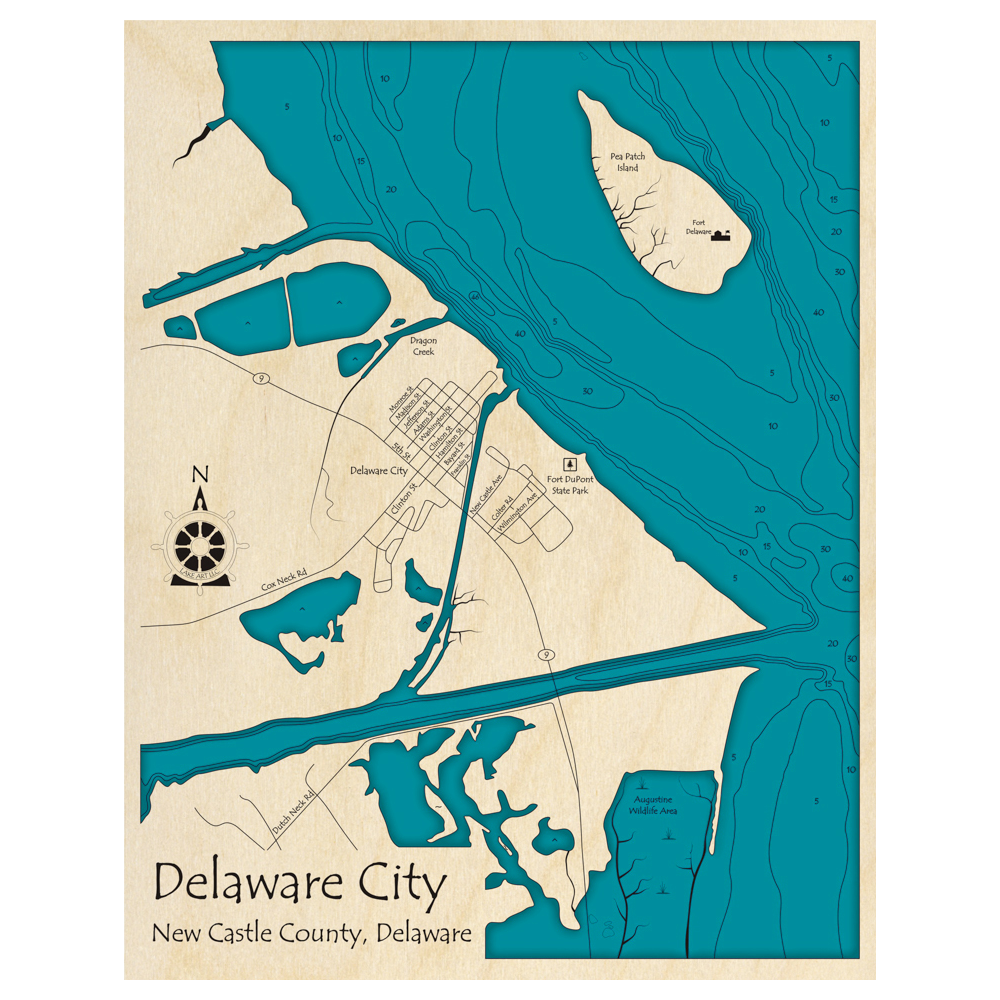 Bathymetric topo map of Delaware City, DE with roads, towns and depths noted in blue water.