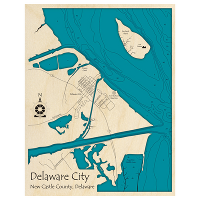 Bathymetric topo map of Delaware City, DE with roads, towns and depths noted in blue water.