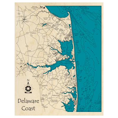 Bathymetric topo map of Delaware Coast, DE with roads, towns and depths noted in blue water.