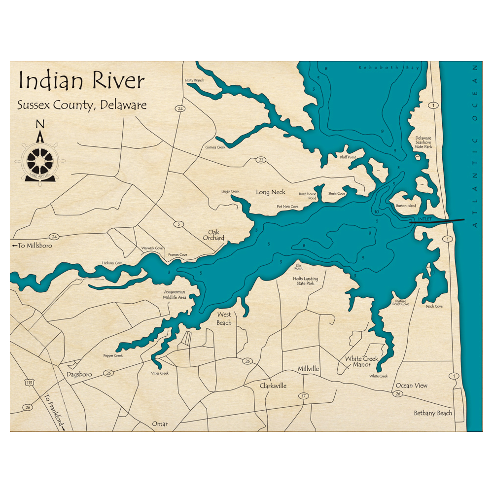 Bathymetric topo map of Indian River Inlet Area, DE with roads, towns and depths noted in blue water.