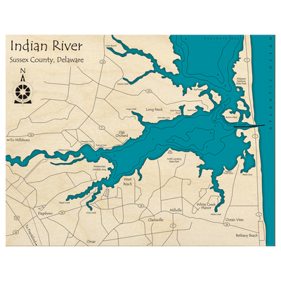 Bathymetric topo map of Indian River Inlet Area, DE with roads, towns and depths noted in blue water.