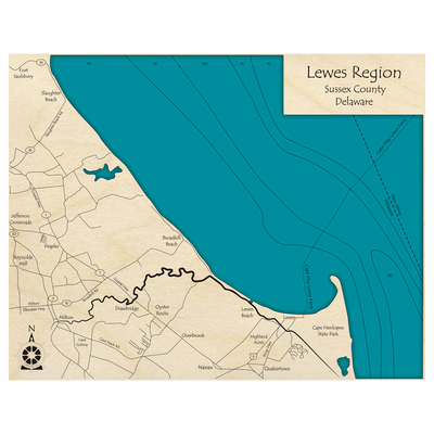 Bathymetric topo map of Lewes Region, DE with roads, towns and depths noted in blue water.