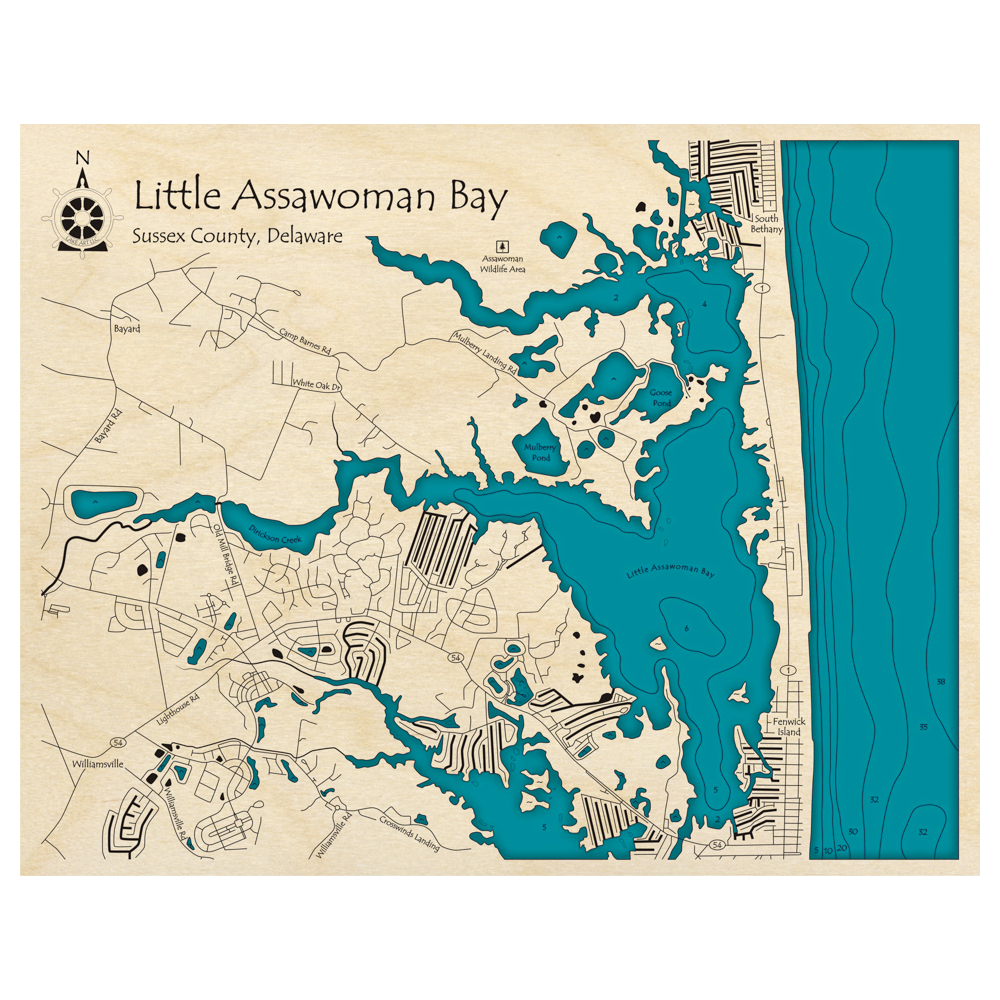 Bathymetric topo map of Little Assawoman Bay, DE with roads, towns and depths noted in blue water.