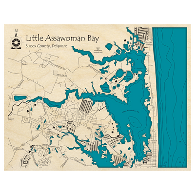 Bathymetric topo map of Little Assawoman Bay, DE with roads, towns and depths noted in blue water.