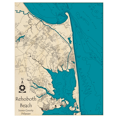 Bathymetric topo map of Rehoboth Beach, DE with roads, towns and depths noted in blue water.