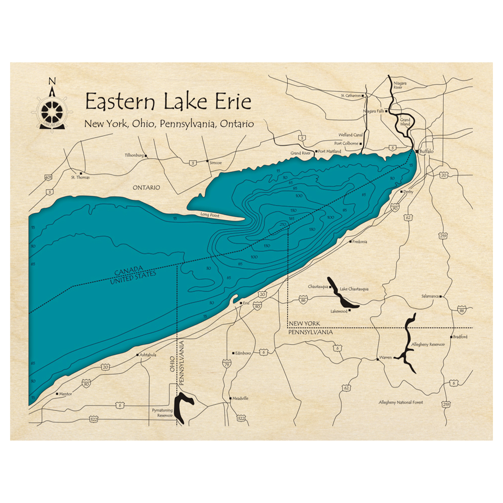 Bathymetric topo map of Lake Erie with roads, towns and depths noted in blue water.