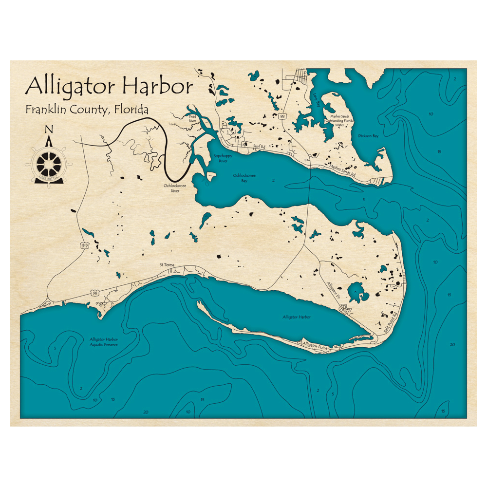 Bathymetric topo map of Alligator Harbor, FL with roads, towns and depths noted in blue water.