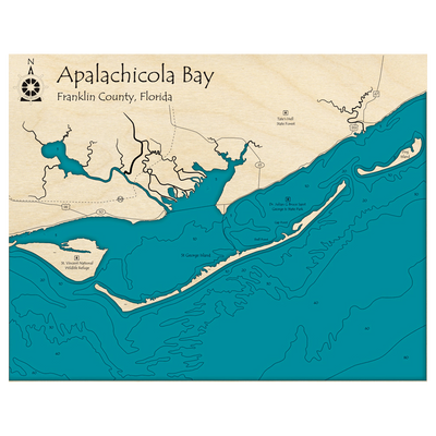 Bathymetric topo map of Apalachicola Bay, FL with roads, towns and depths noted in blue water.