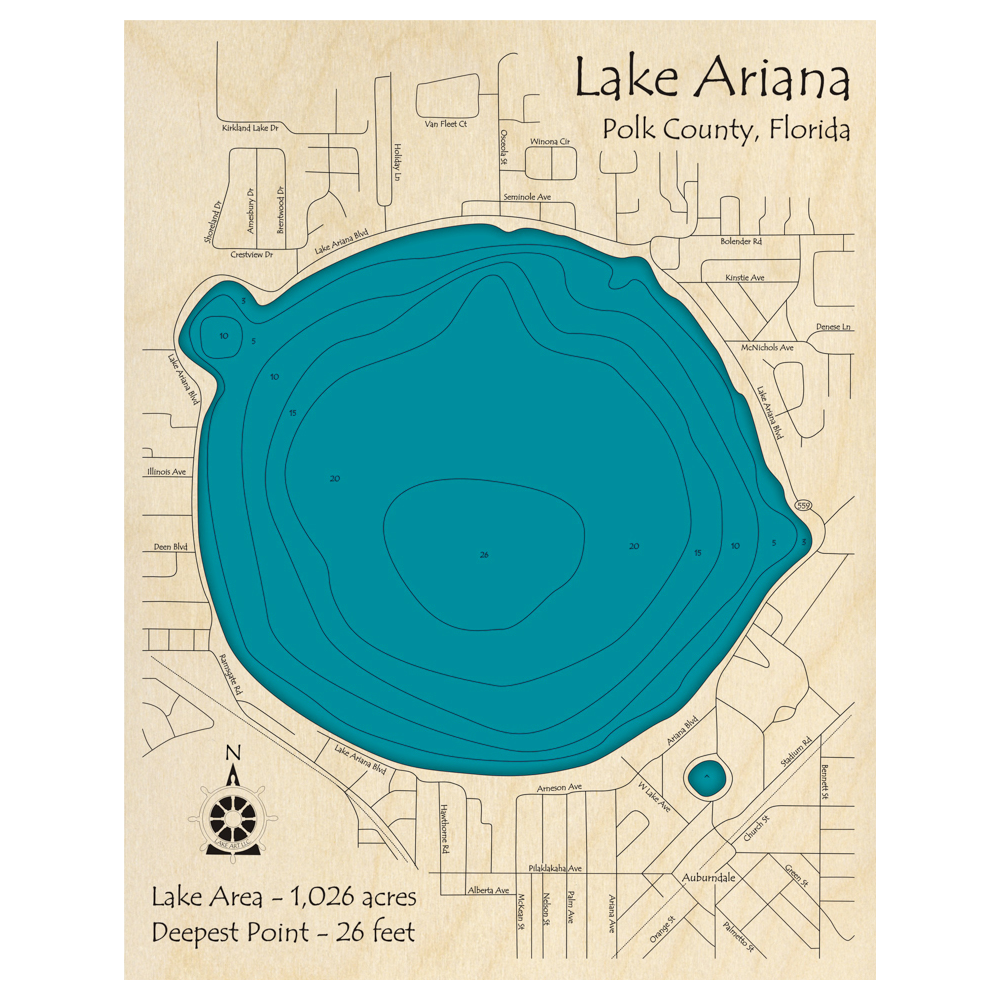 Bathymetric topo map of Lake Ariana, FL with roads, towns and depths noted in blue water.