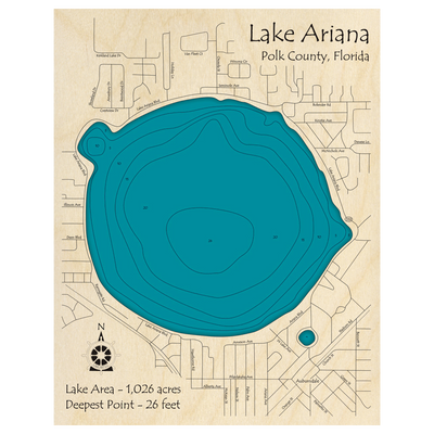 Bathymetric topo map of Lake Ariana, FL with roads, towns and depths noted in blue water.