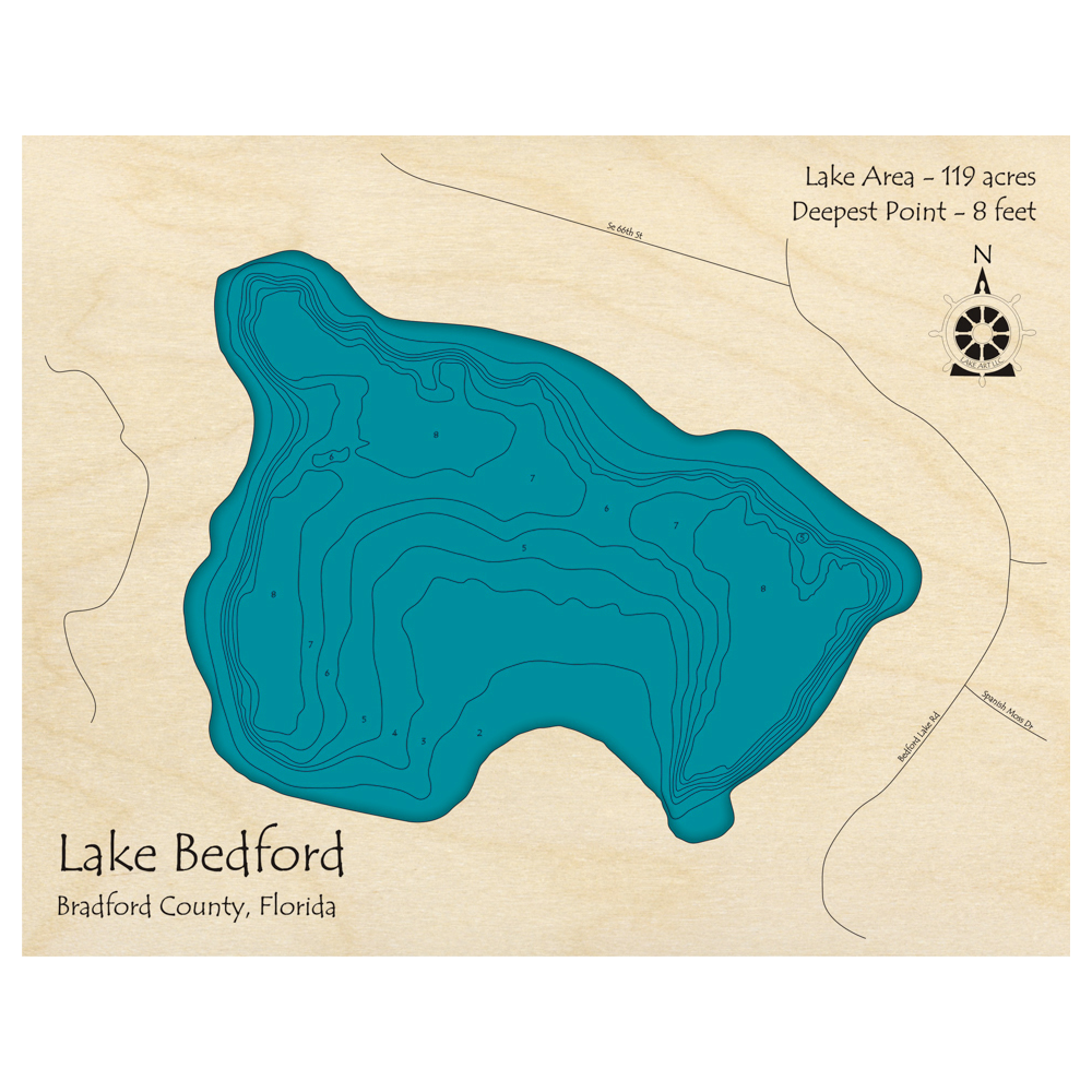 Bathymetric topo map of Lake Bedford, FL with roads, towns and depths noted in blue water.