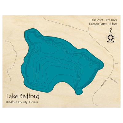 Bathymetric topo map of Lake Bedford, FL with roads, towns and depths noted in blue water.