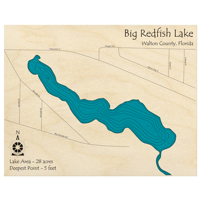 Bathymetric topo map of Big Redfish, FL with roads, towns and depths noted in blue water.