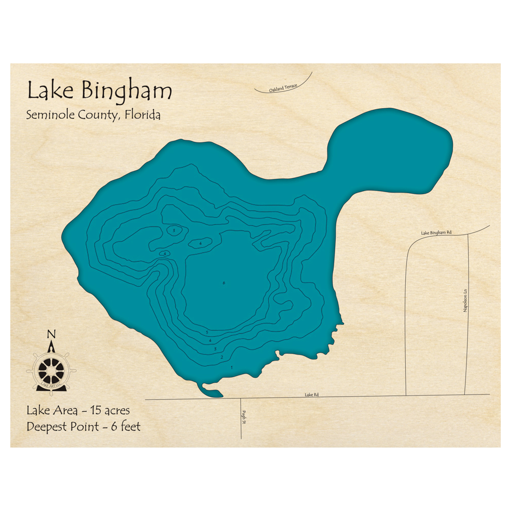 Bathymetric topo map of Lake Bingham, FL with roads, towns and depths noted in blue water.