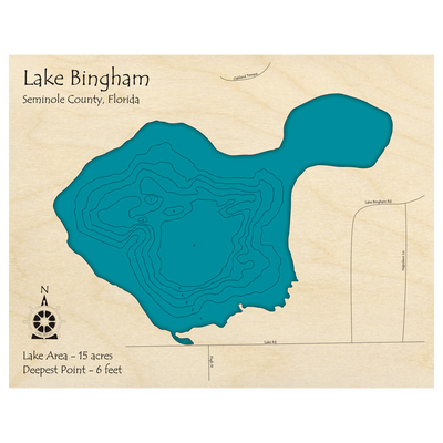 Bathymetric topo map of Lake Bingham, FL with roads, towns and depths noted in blue water.