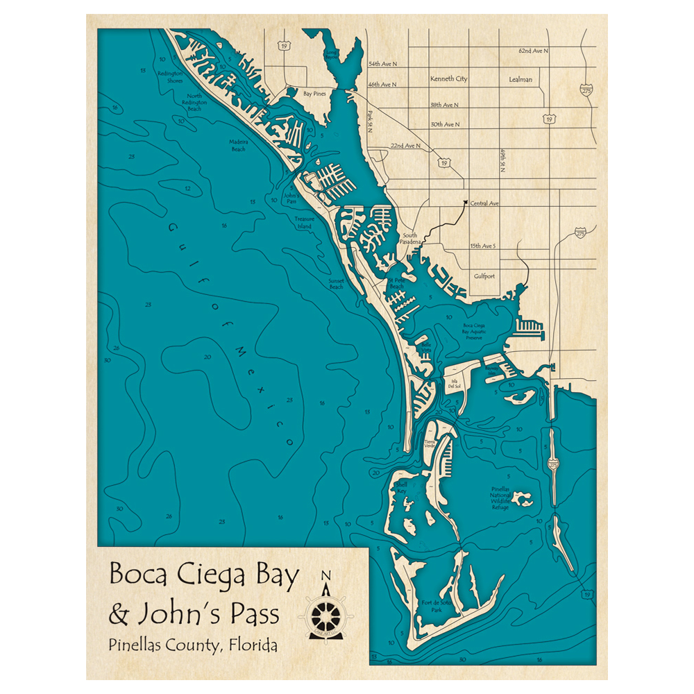 Bathymetric topo map of Boca Ciega Bay and Johns Pass, FL with roads, towns and depths noted in blue water.