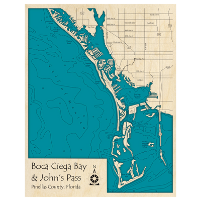 Bathymetric topo map of Boca Ciega Bay and Johns Pass, FL with roads, towns and depths noted in blue water.