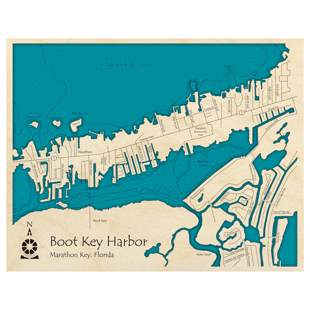 Bathymetric topo map of Boot Key Harbor, FL with roads, towns and depths noted in blue water.