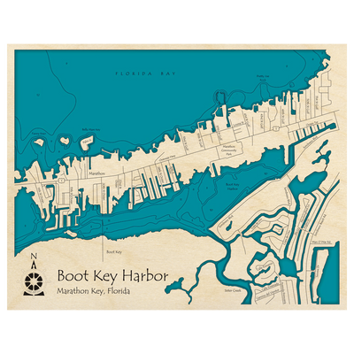 Bathymetric topo map of Boot Key Harbor, FL with roads, towns and depths noted in blue water.