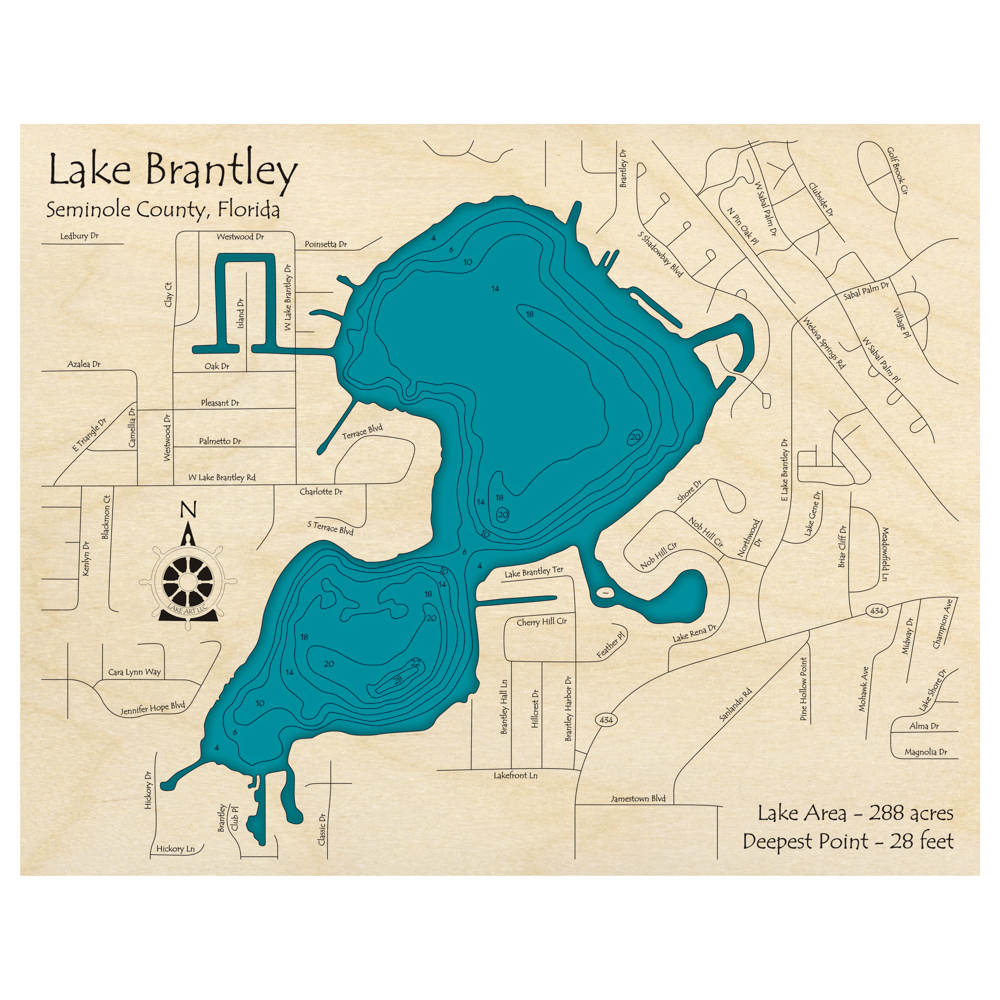 Bathymetric topo map of Lake Brantley, FL with roads, towns and depths noted in blue water.