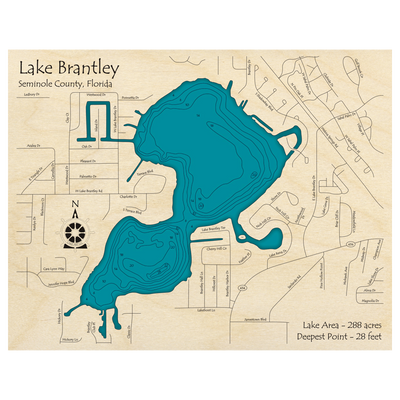 Bathymetric topo map of Lake Brantley, FL with roads, towns and depths noted in blue water.