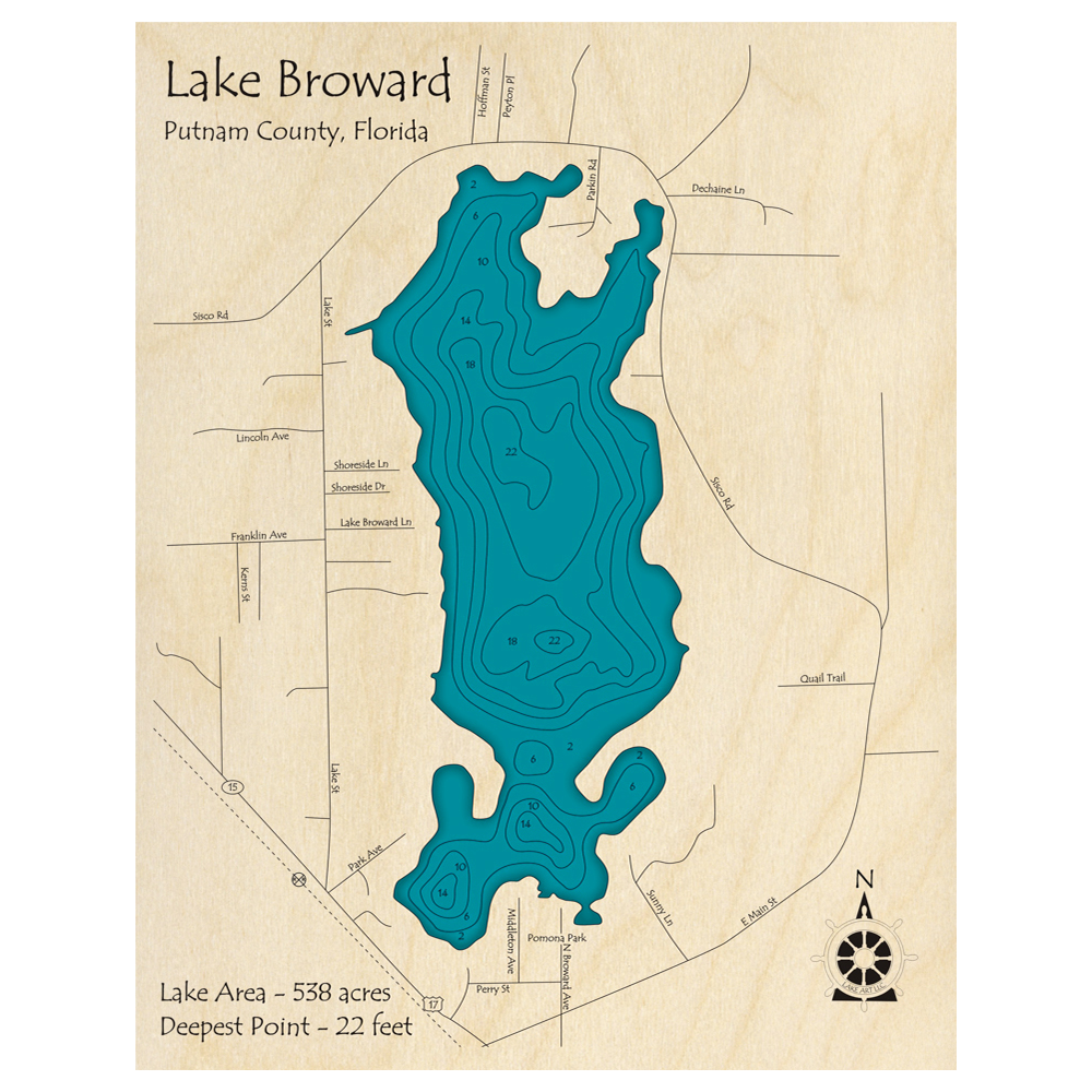 Bathymetric topo map of Lake Broward, FL with roads, towns and depths noted in blue water.
