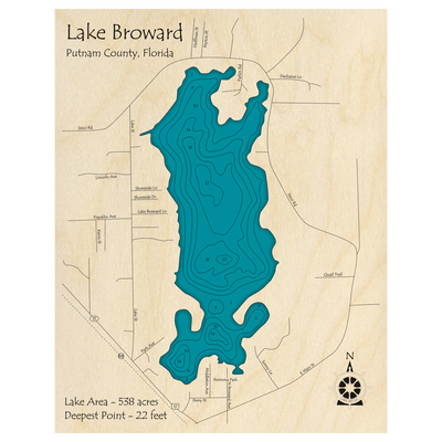 Bathymetric topo map of Lake Broward, FL with roads, towns and depths noted in blue water.