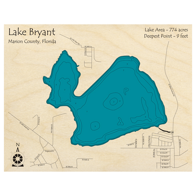 Bathymetric topo map of Lake Bryant, FL with roads, towns and depths noted in blue water.