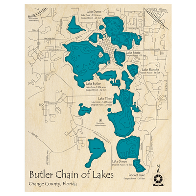 Bathymetric topo map of Butler Chain of Lakes, FL with roads, towns and depths noted in blue water.