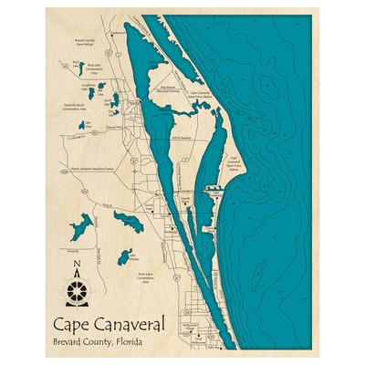 Bathymetric topo map of Cape Canaveral, FL with roads, towns and depths noted in blue water.
