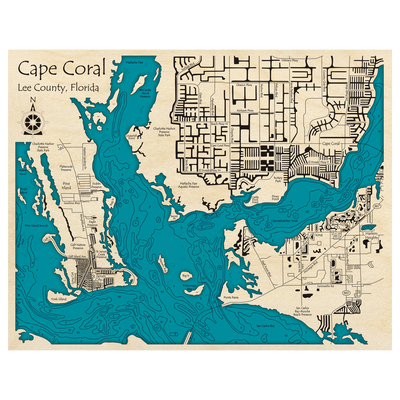 Bathymetric topo map of Cape Coral, FL with roads, towns and depths noted in blue water.