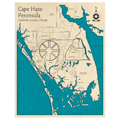 Bathymetric topo map of Cape Haze Peninsula, FL with roads, towns and depths noted in blue water.
