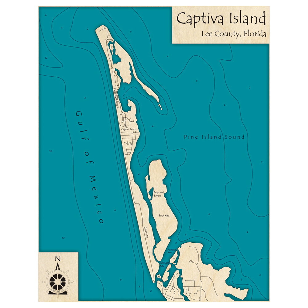 Bathymetric topo map of Captiva Island, FL with roads, towns and depths noted in blue water.