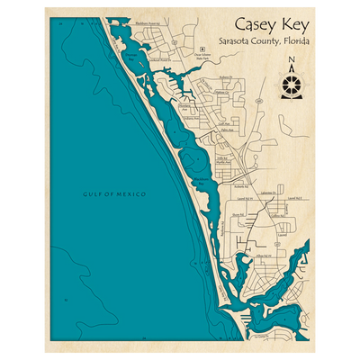 Bathymetric topo map of Casey Key, FL with roads, towns and depths noted in blue water.