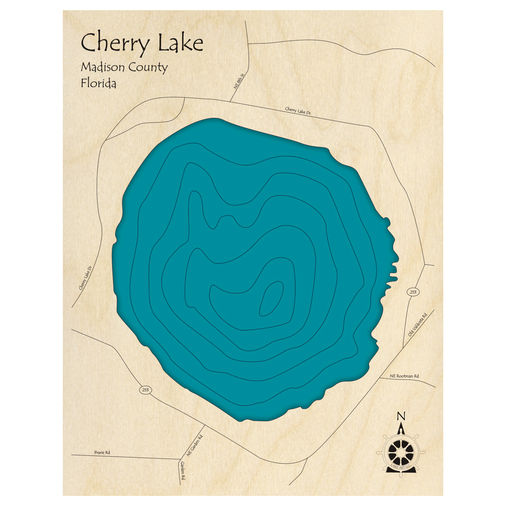 Bathymetric topo map of Cherry Lake, FL with roads, towns and depths noted in blue water.