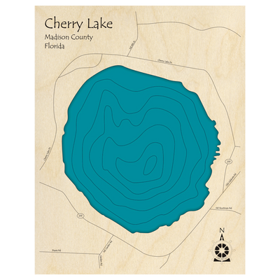 Bathymetric topo map of Cherry Lake, FL with roads, towns and depths noted in blue water.