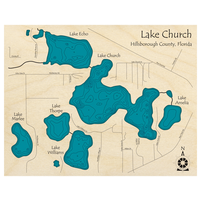 Bathymetric topo map of Lake Church, FL with roads, towns and depths noted in blue water.