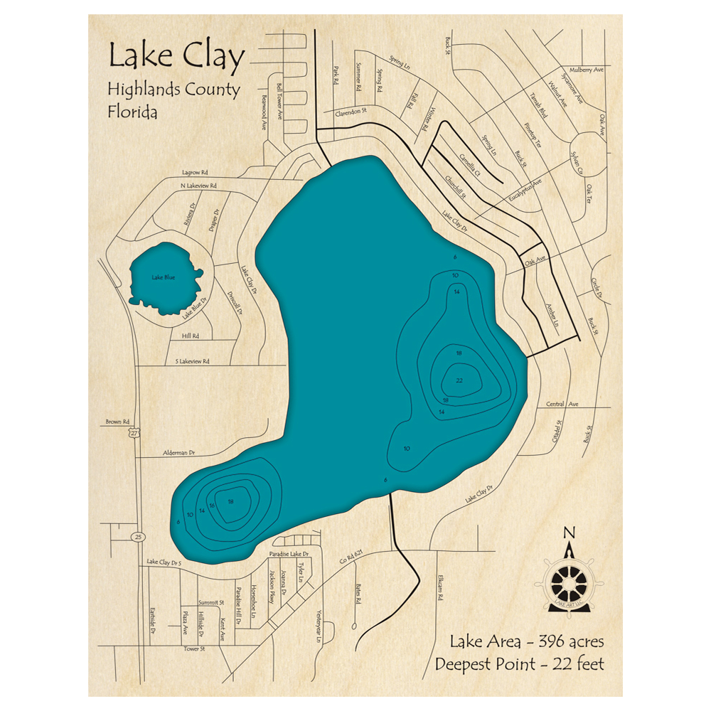 Bathymetric topo map of Lake Clay, FL with roads, towns and depths noted in blue water.