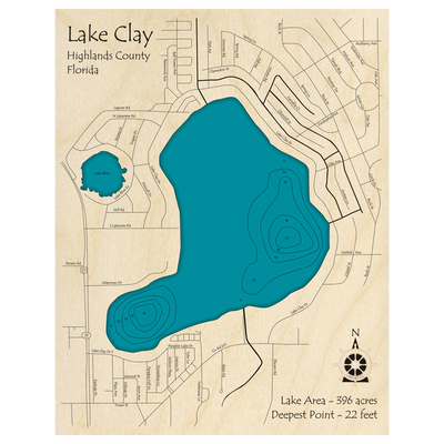 Bathymetric topo map of Lake Clay, FL with roads, towns and depths noted in blue water.