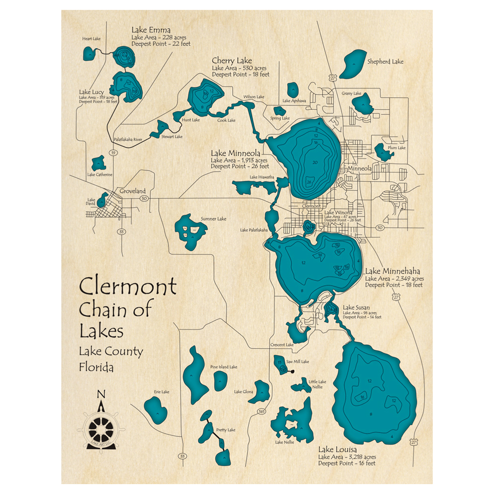 Bathymetric topo map of Clermont Chain of Lakes, FL with roads, towns and depths noted in blue water.