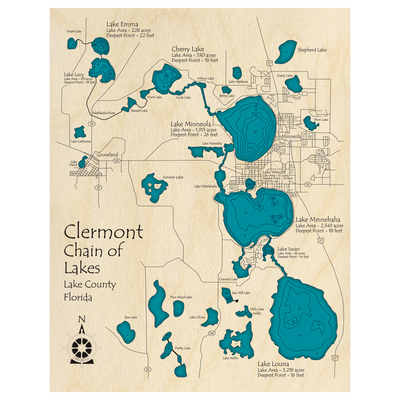 Bathymetric topo map of Clermont Chain of Lakes, FL with roads, towns and depths noted in blue water.