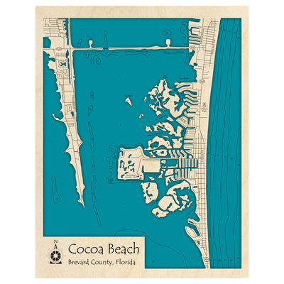 Bathymetric topo map of Cocoa Beach, FL with roads, towns and depths noted in blue water.
